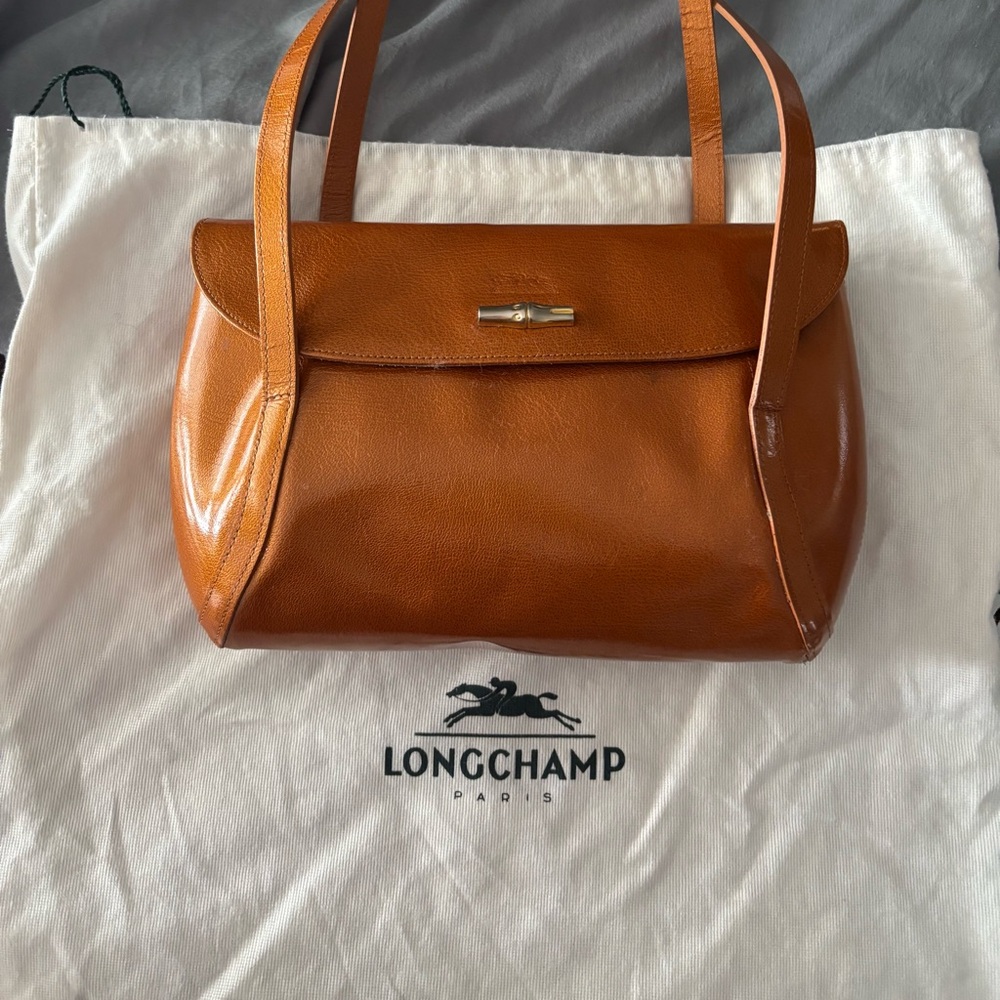 Vintage Longchamp Women's metallic bronze patent  Leather Shoulder Bag.
